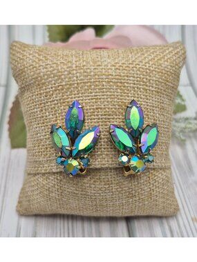 VTG Peacock Iridescent AB Crystal Gold Tone Clip On Earrings Prom Formal